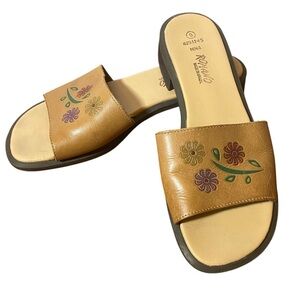 ROMANO Nina Leather Slide Tan and Green Floral Sandals Made in Brazil Women's 9